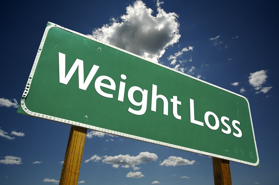 Weight Loss Road Sign on dramatic blue sky and clouds background.