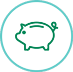 White, blue, and green themed icon of a piggy bank symbolizing 401k with match benefits.